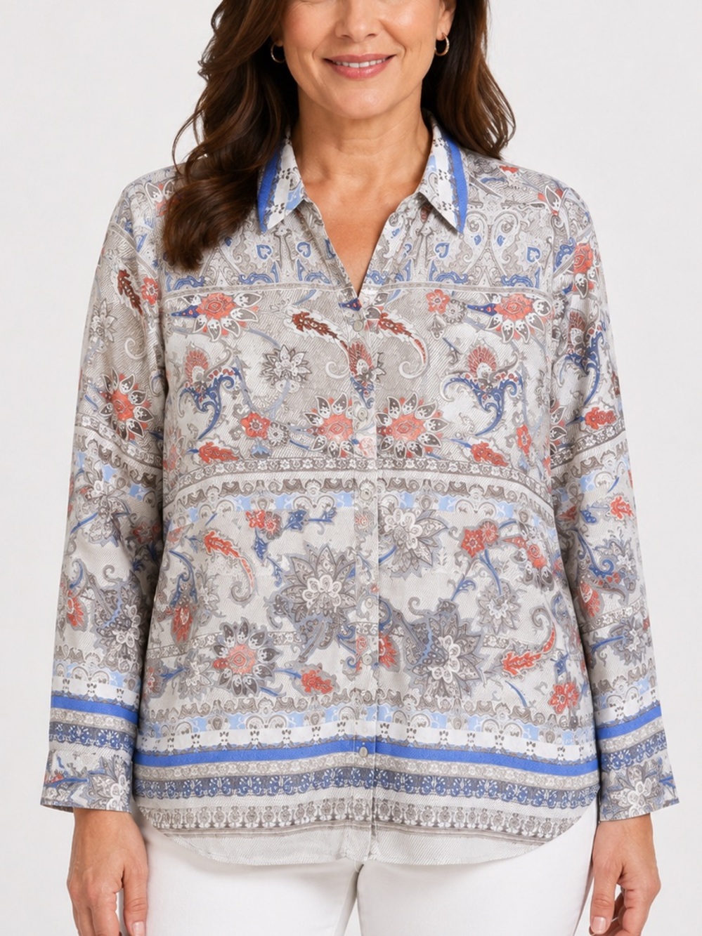 Chico’s 0 Paisley Floral Button Front Blouse Blue Gray Coral Long Sleeve Top S